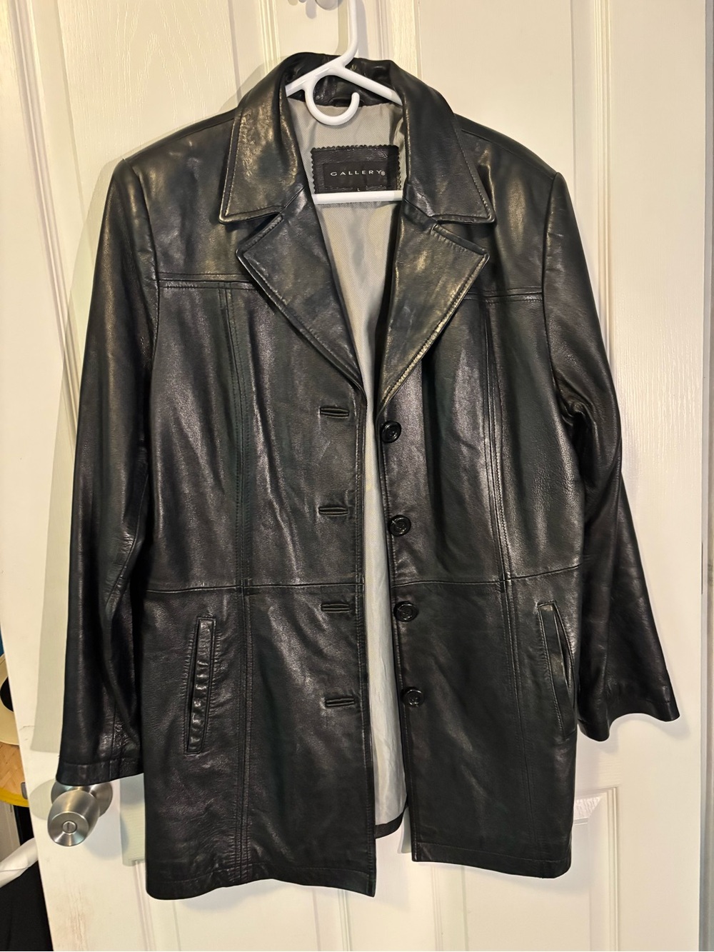 Gallery Black Leather Button-Up Coat Jacket
